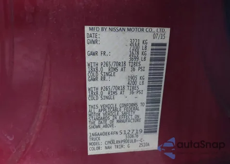 2015 Nissan Titan S z USA, uszkodzony, nr VIN 1N6AA0EK4FN512719